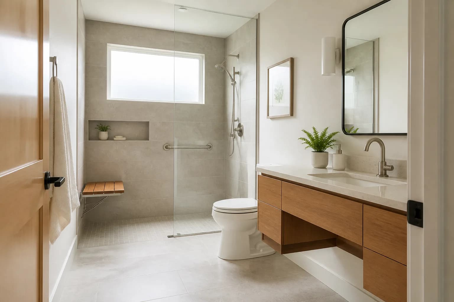 Accessible primary bathroom in a new Idaho home with a curbless walk-in shower, fold-down bench, and a floating vanity