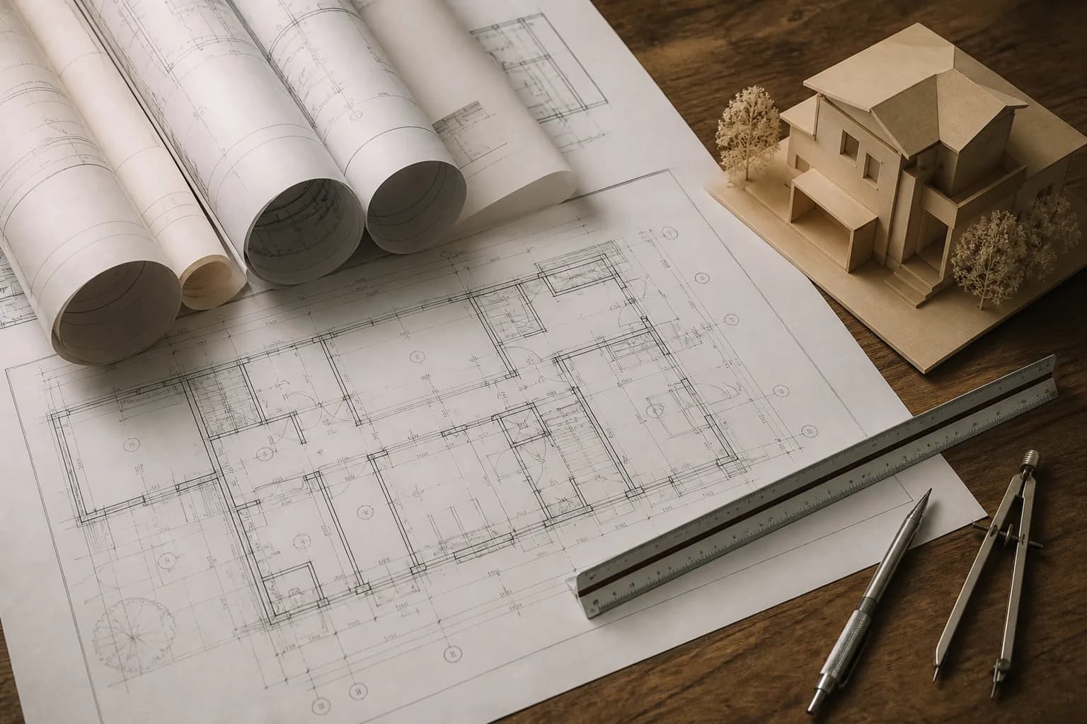 Rolled residential blueprints, an architect's scale, and a basswood study model on a drafting desk