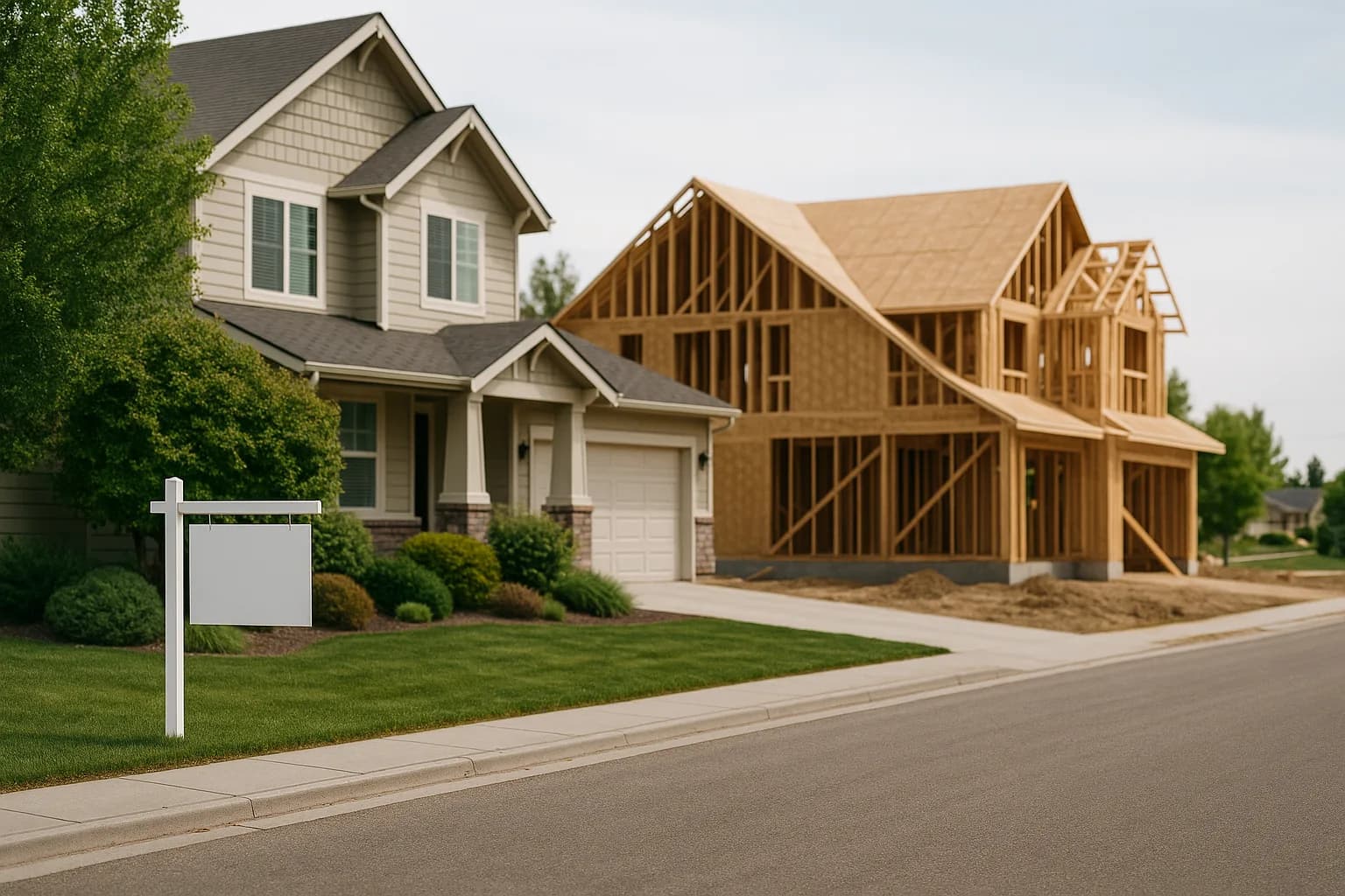 An existing finished resale home with a yard sign next to a new home under wood framing on a Treasure Valley subdivision street