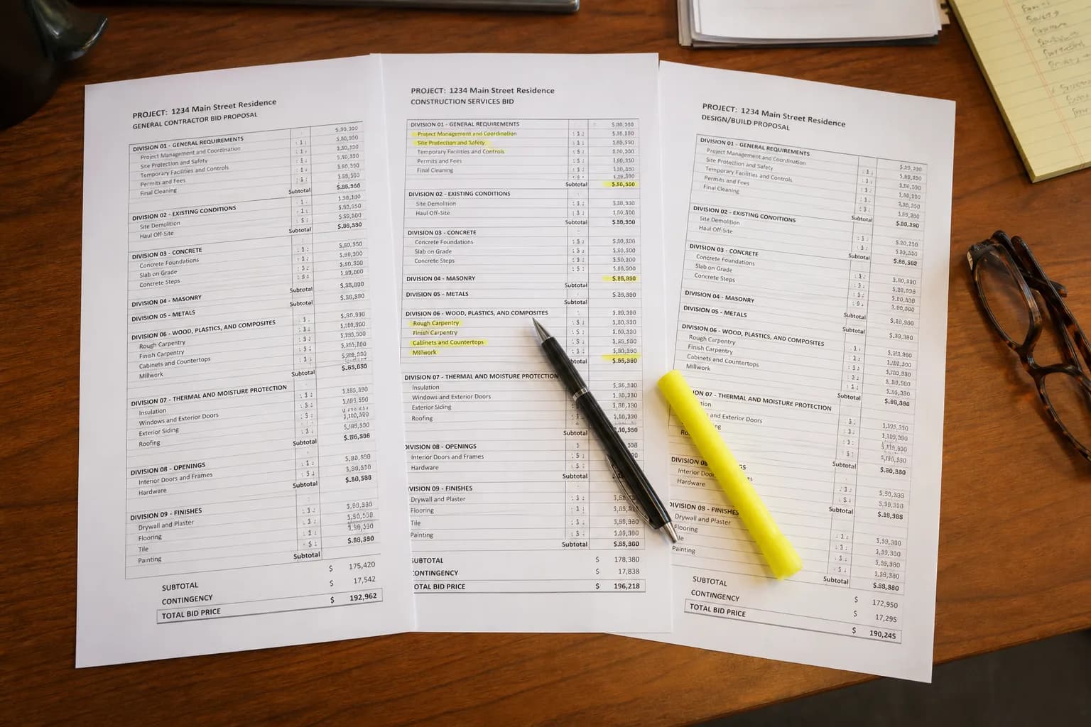 Three residential construction bids fanned out on a desk with a highlighter marking line items for comparison