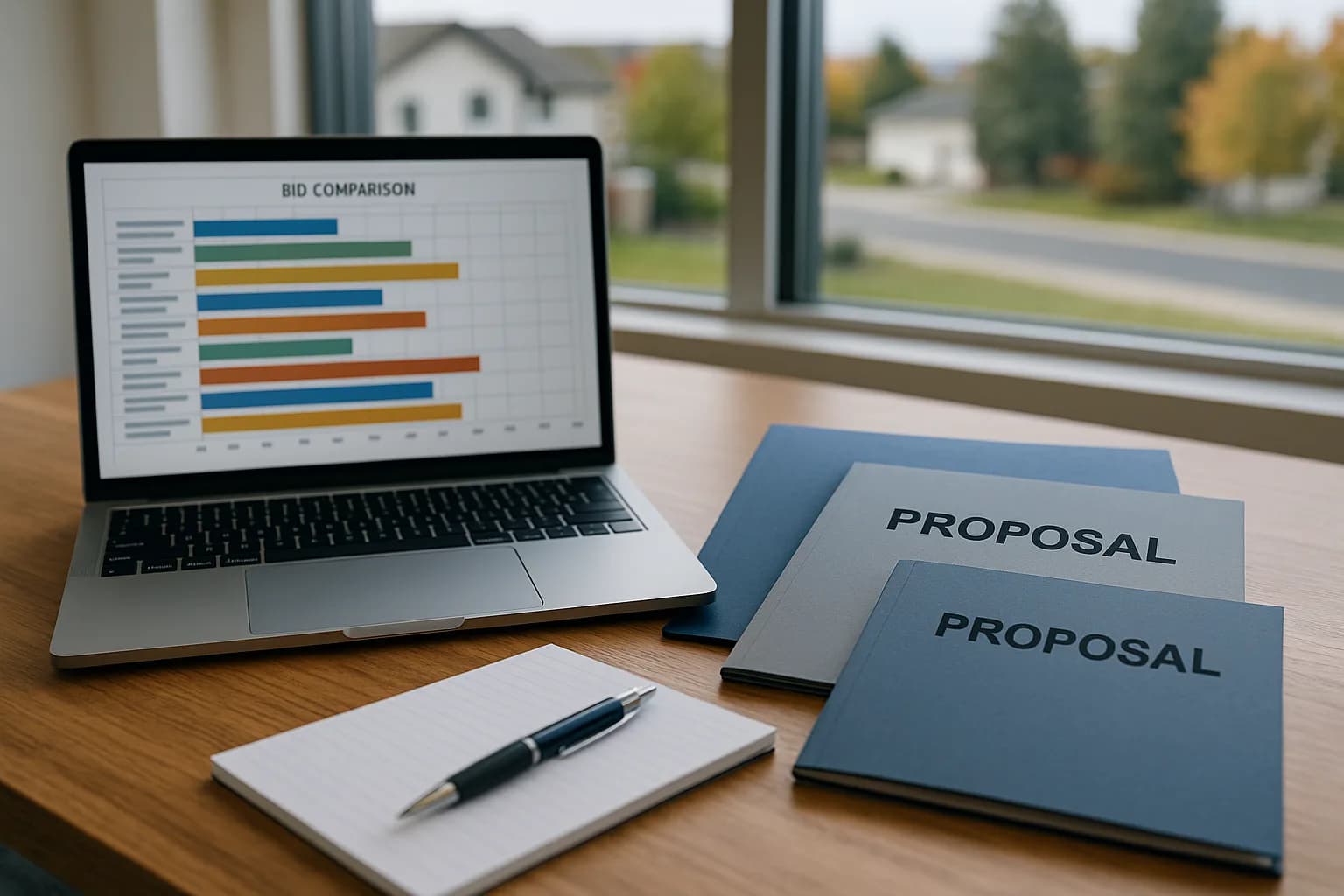 A laptop showing a builder-bid comparison chart beside two printed proposal folders and a notepad on a desk