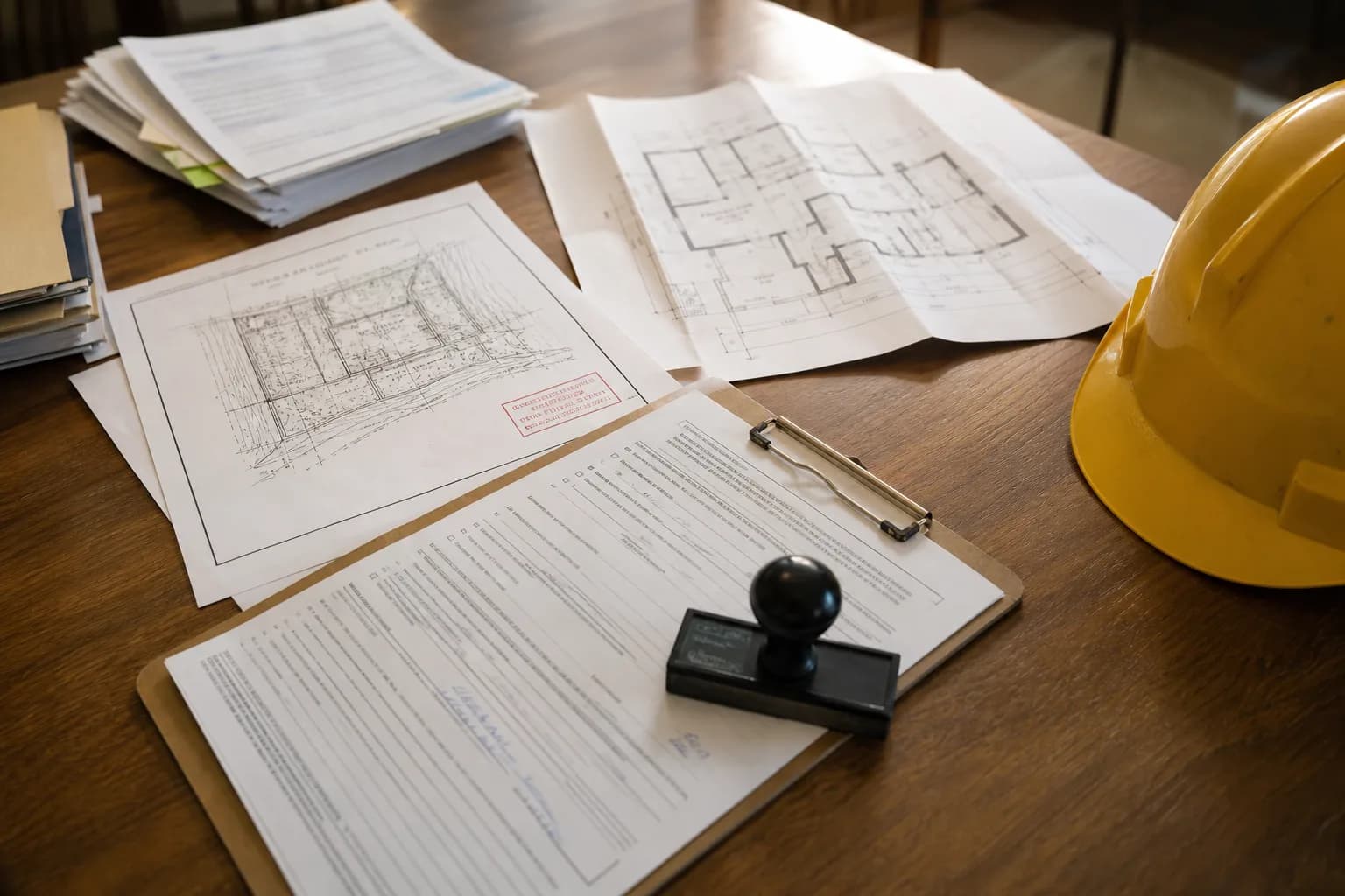 Residential building permit packet with stamped site and floor plans, an application, and an approval stamp on a desk
