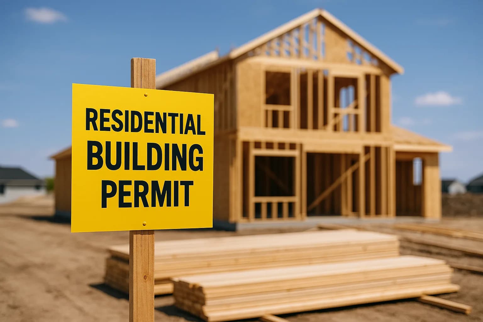 A residential building-permit placard posted on a stake at a new-home construction site with the framed house and stacked lumber behind it