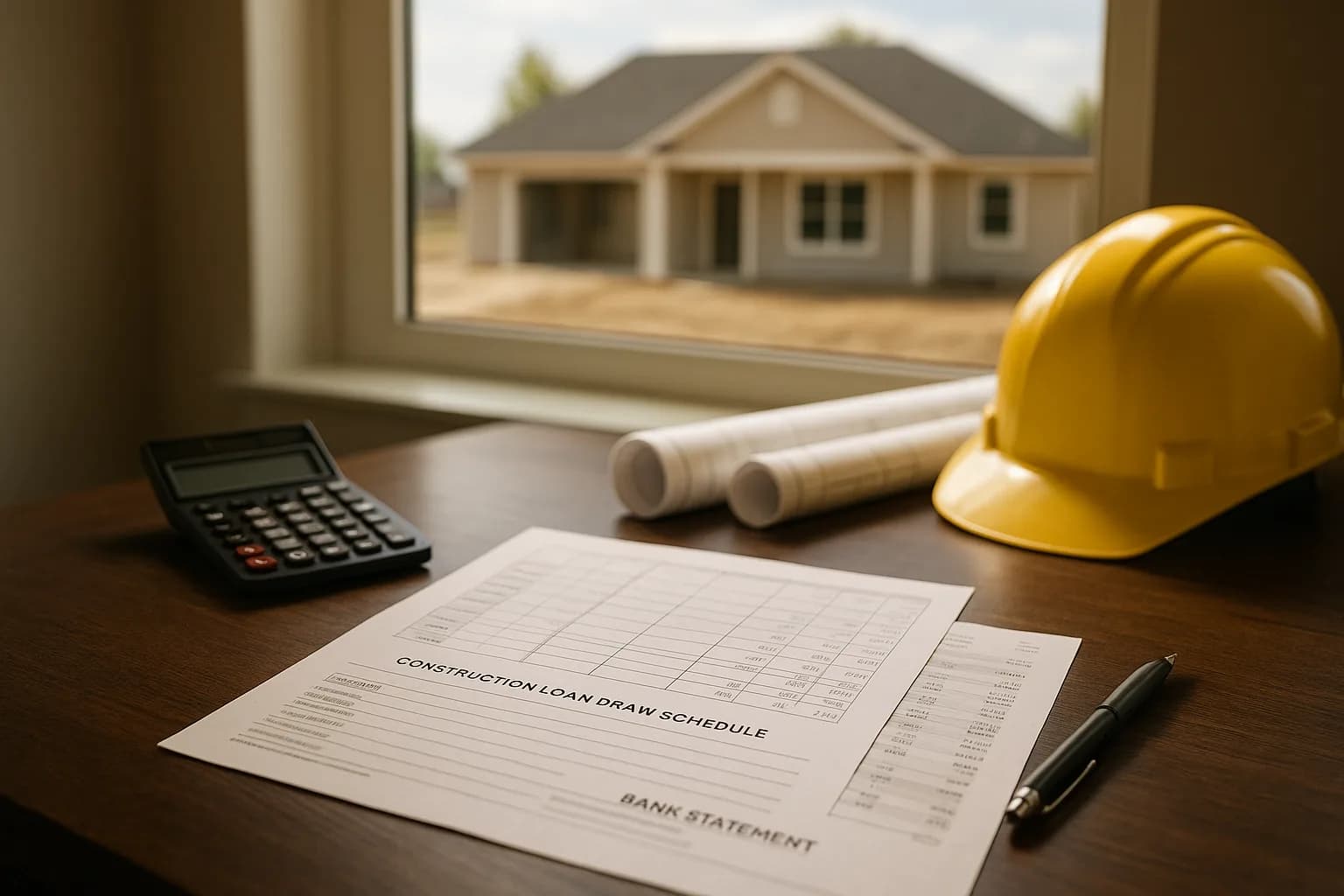 A construction loan draw schedule and bank statement on a desk with a calculator and a hard hat, a new home visible through the window