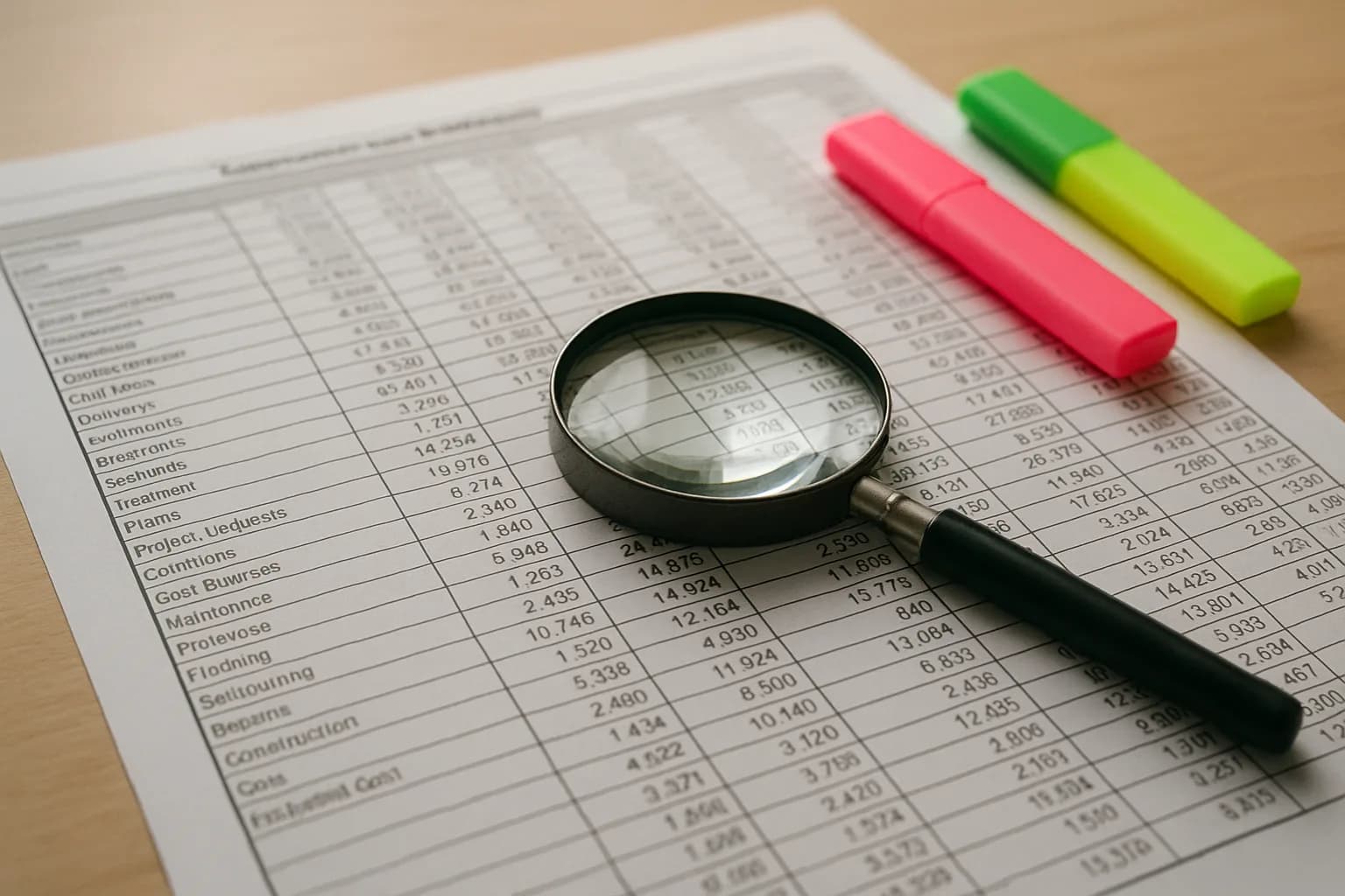 A detailed construction cost breakdown with a magnifying glass and highlighters showing how widely line-item prices vary