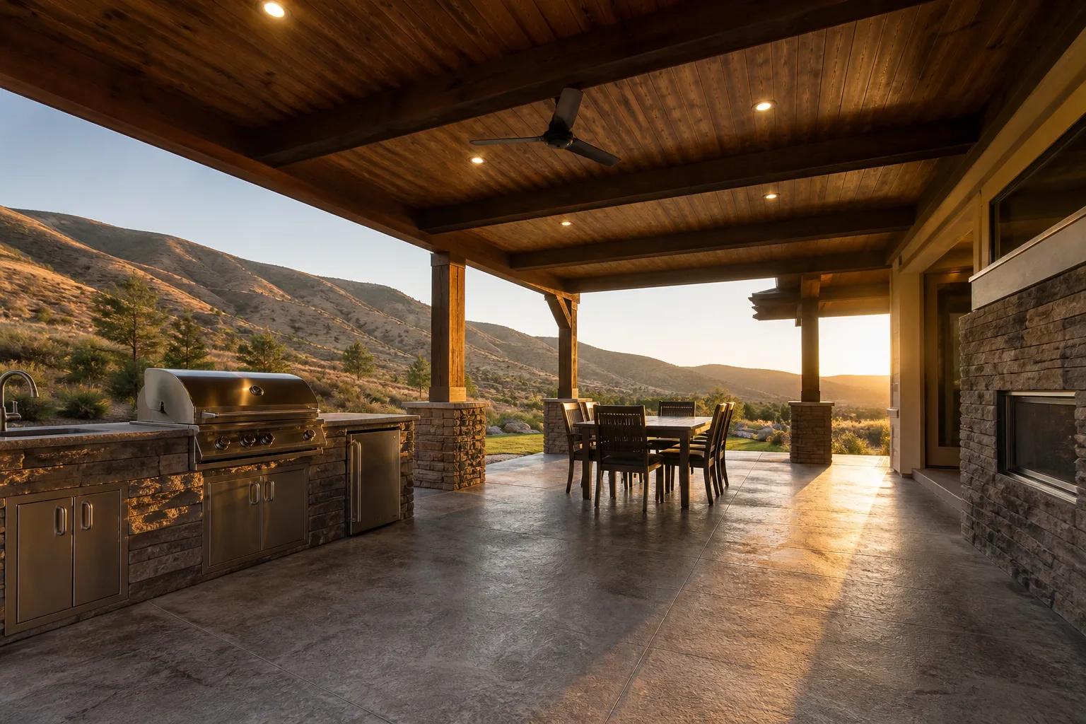 Deep covered patio with a timber ceiling and outdoor kitchen attached to a newly built Idaho home