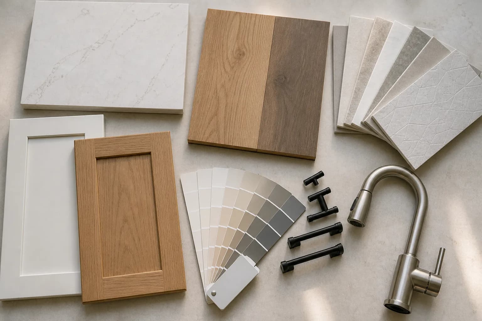 Flat-lay of new-home finish selections: quartz and wood samples, tile, cabinet doors, a paint deck, and matte black hardware