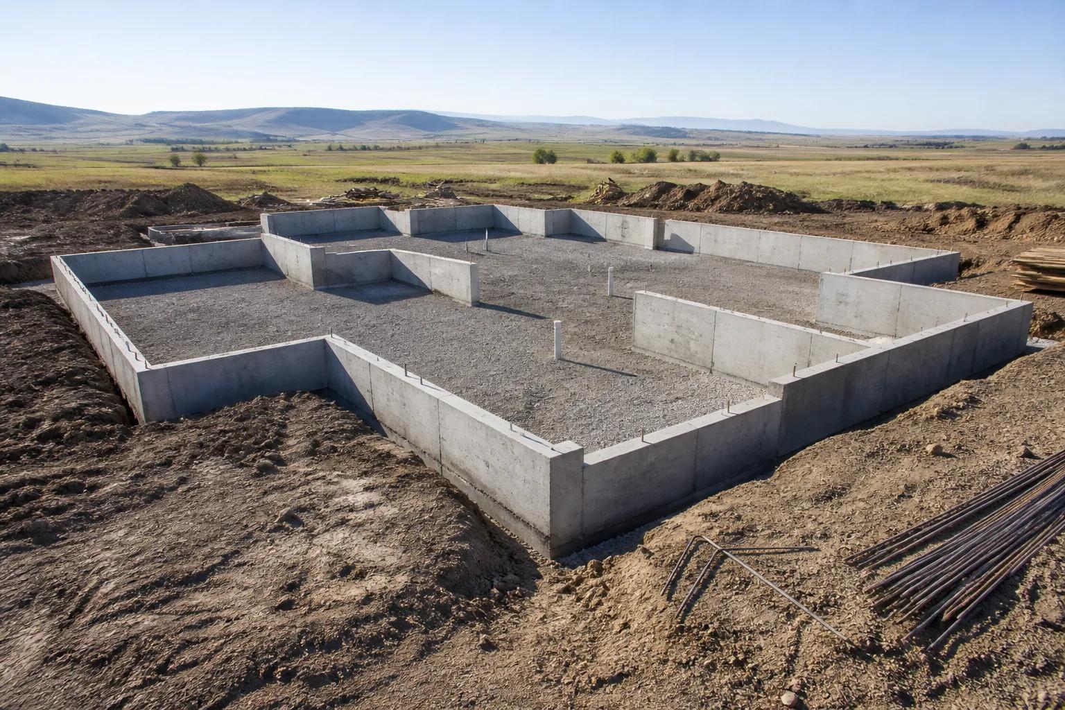 Freshly poured concrete foundation and stem walls outlining a new home on a flat valley lot