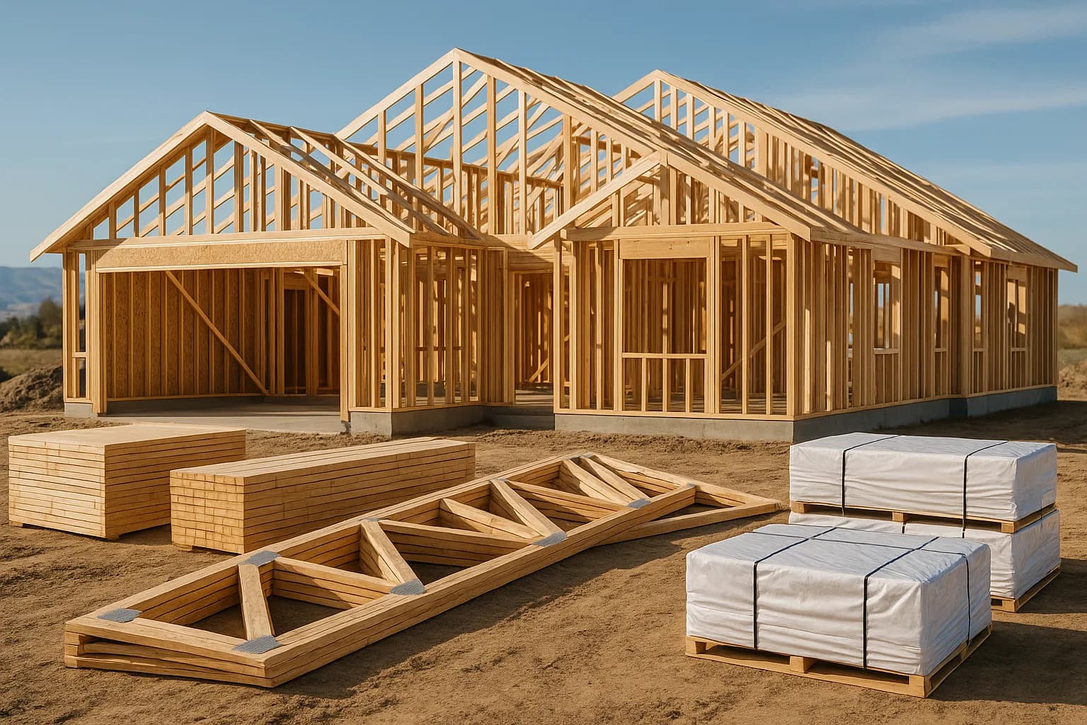 A new home under wood framing surrounded by stacked lumber, roof trusses, and wrapped material pallets on an Idaho job site