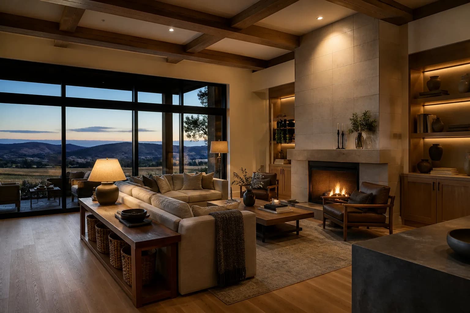 Newly built Treasure Valley great room with vaulted ceiling and natural light
