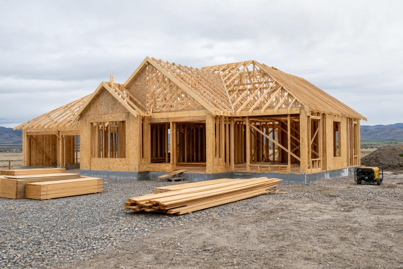 New house under construction with wall framing and roof trusses in place on an Idaho building site