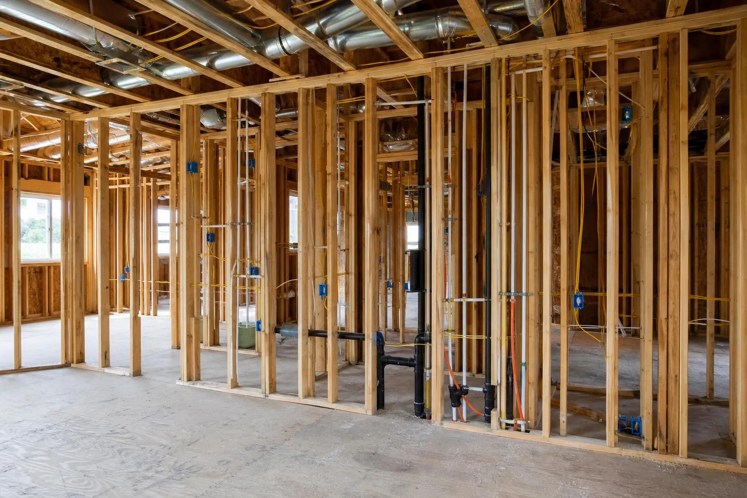 Open stud walls with plumbing, electrical, and ductwork roughed in before drywall in a new home