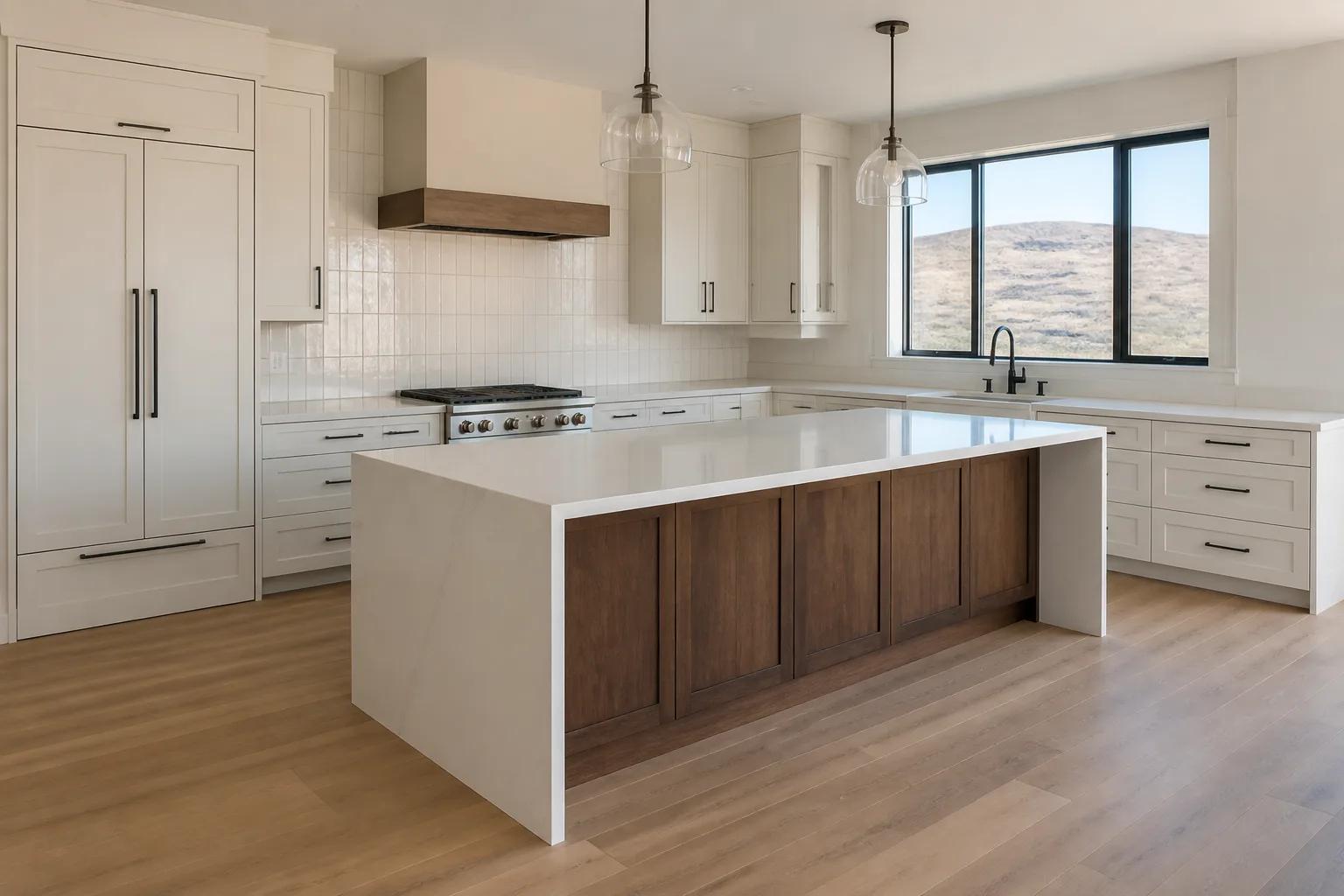 Newly completed kitchen in a custom home with a quartz island and full-height tile backsplash