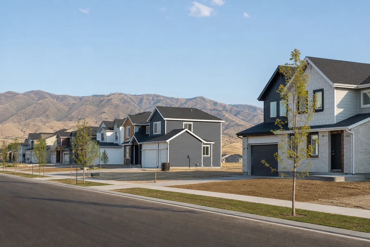 Street of recently finished new-construction homes with young trees and fresh sidewalks in a Treasure Valley subdivision