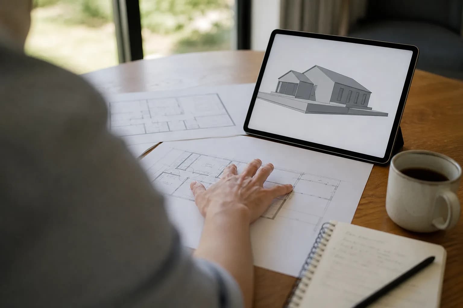 New-home planning consultation at a kitchen table with printed floor plans and a tablet showing a 3D house model