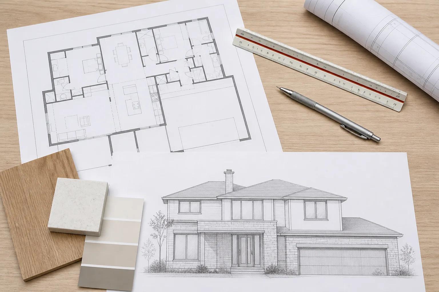 Residential floor plan and elevation drawings laid out with flooring, countertop, and paint samples