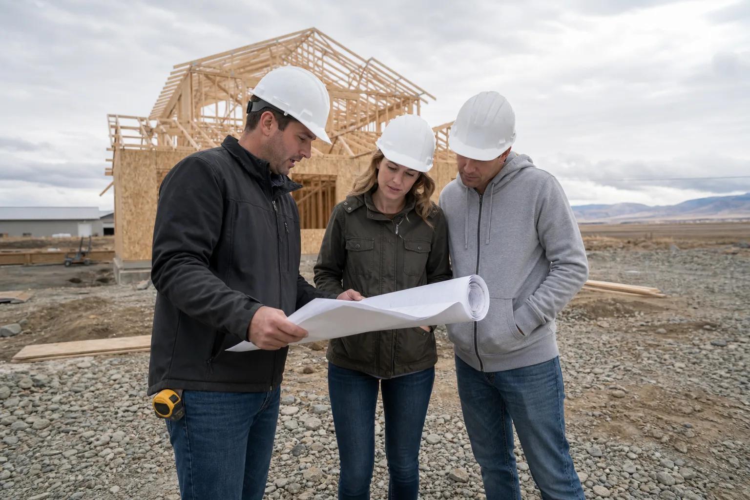 Builder reviewing plans with homeowners in front of a partially framed house on an Idaho site