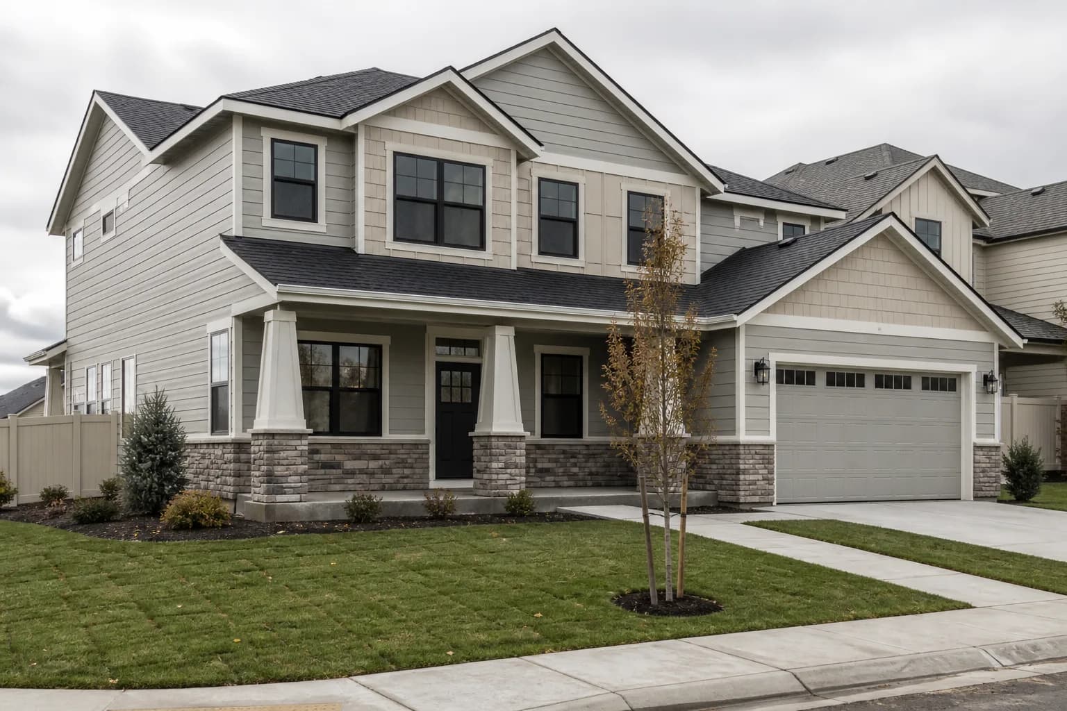 Newly built two-story craftsman home with stone wainscot and a covered front porch on a Meridian, Idaho lot