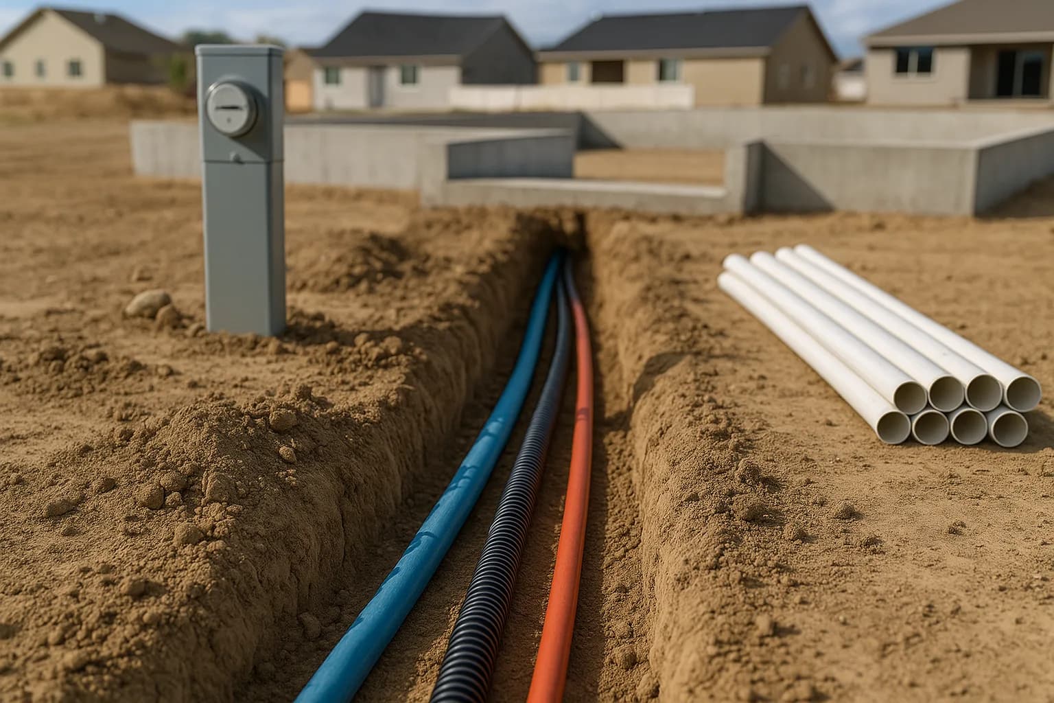 An open utility trench running water, sewer, and power conduit to a new home foundation on a subdivision lot with a meter pedestal