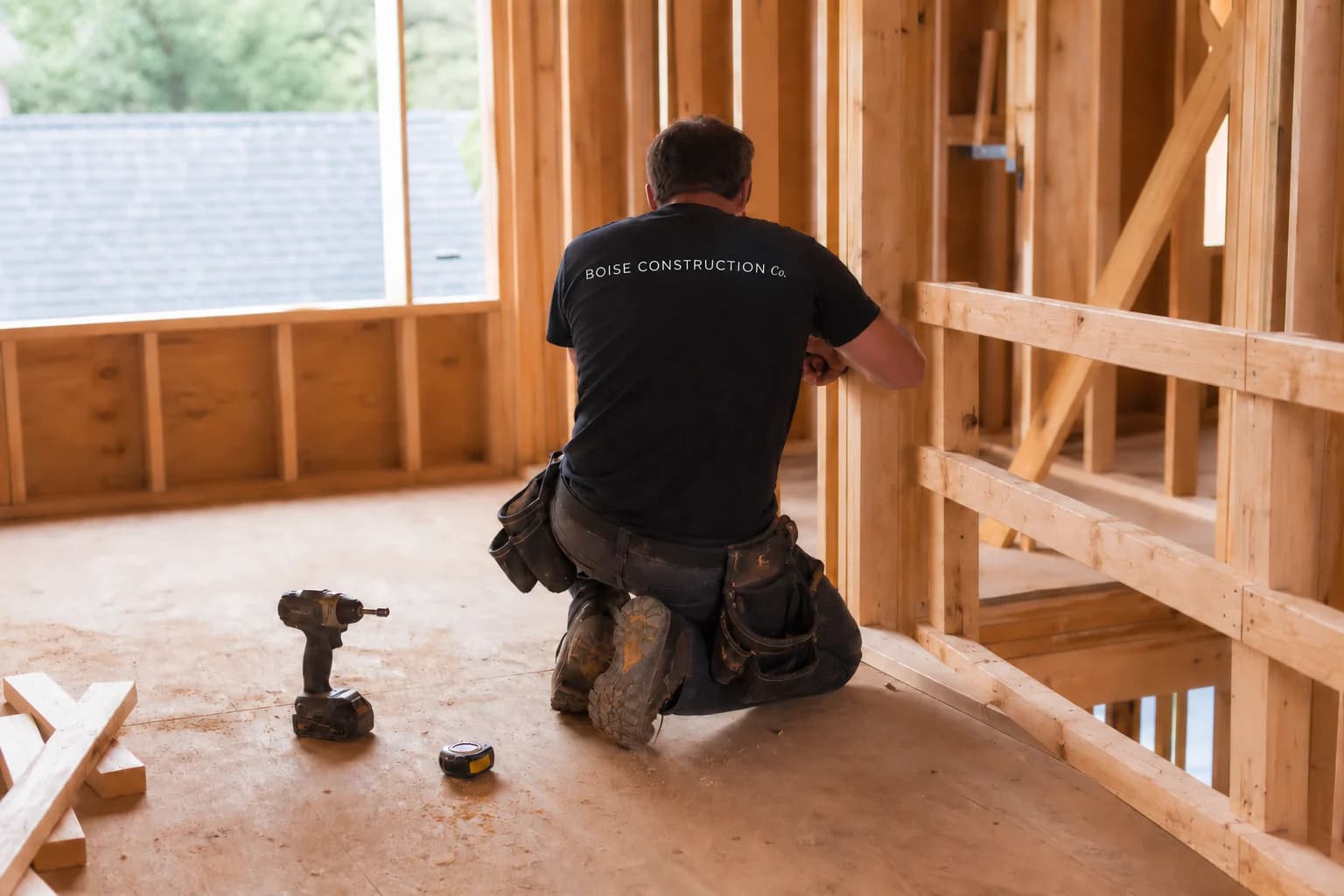 Worker checking interior framing on a new home