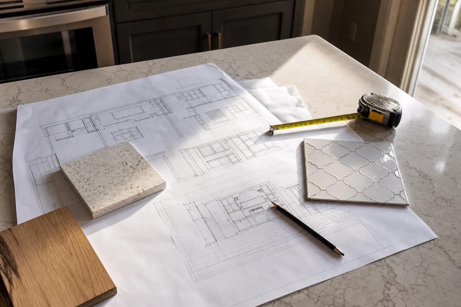 Home plans and finish material samples laid out during a design review