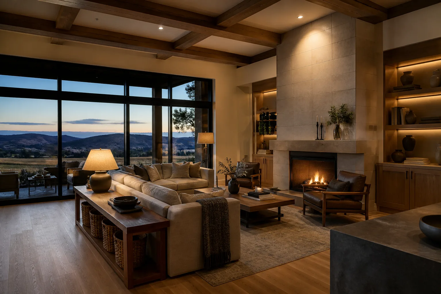 Living room with a stone fireplace, wood ceiling beams, and large windows at dusk